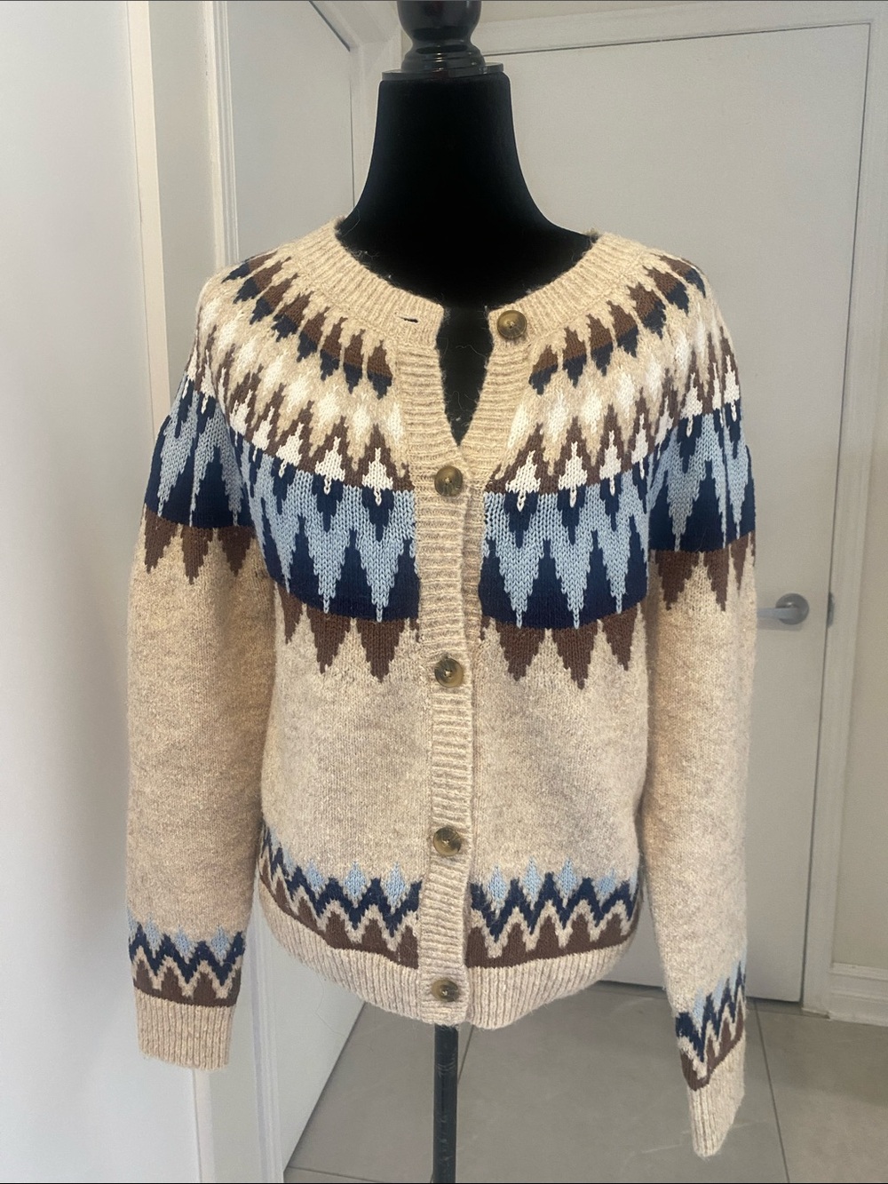 FAIR ISLE Beige Nordic Patterned Button-Up Cardigan By Lucky Brand Suze Medium